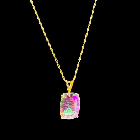 Vtg 14K Gold Mystic Topaz Pendant Necklace With Rope Chain Made In Croatia - Picture 1 of 16